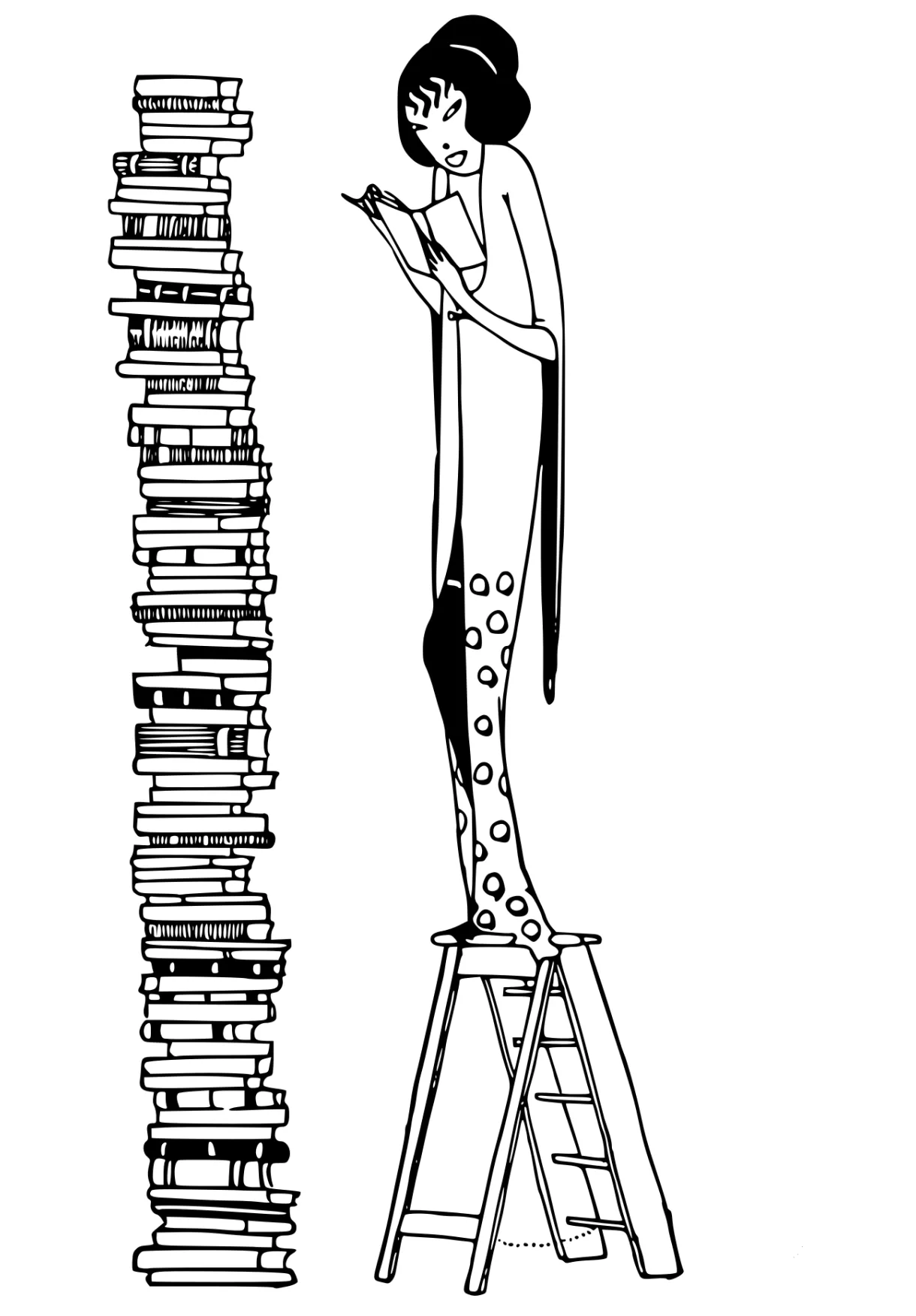 Vintage lady and stack of books coloring page colouringpages
