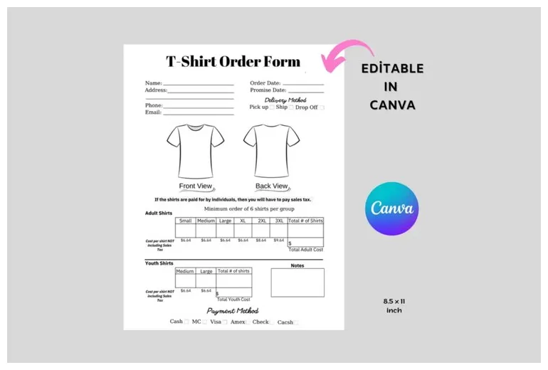 Shirt order form, t-shirt edit in canva