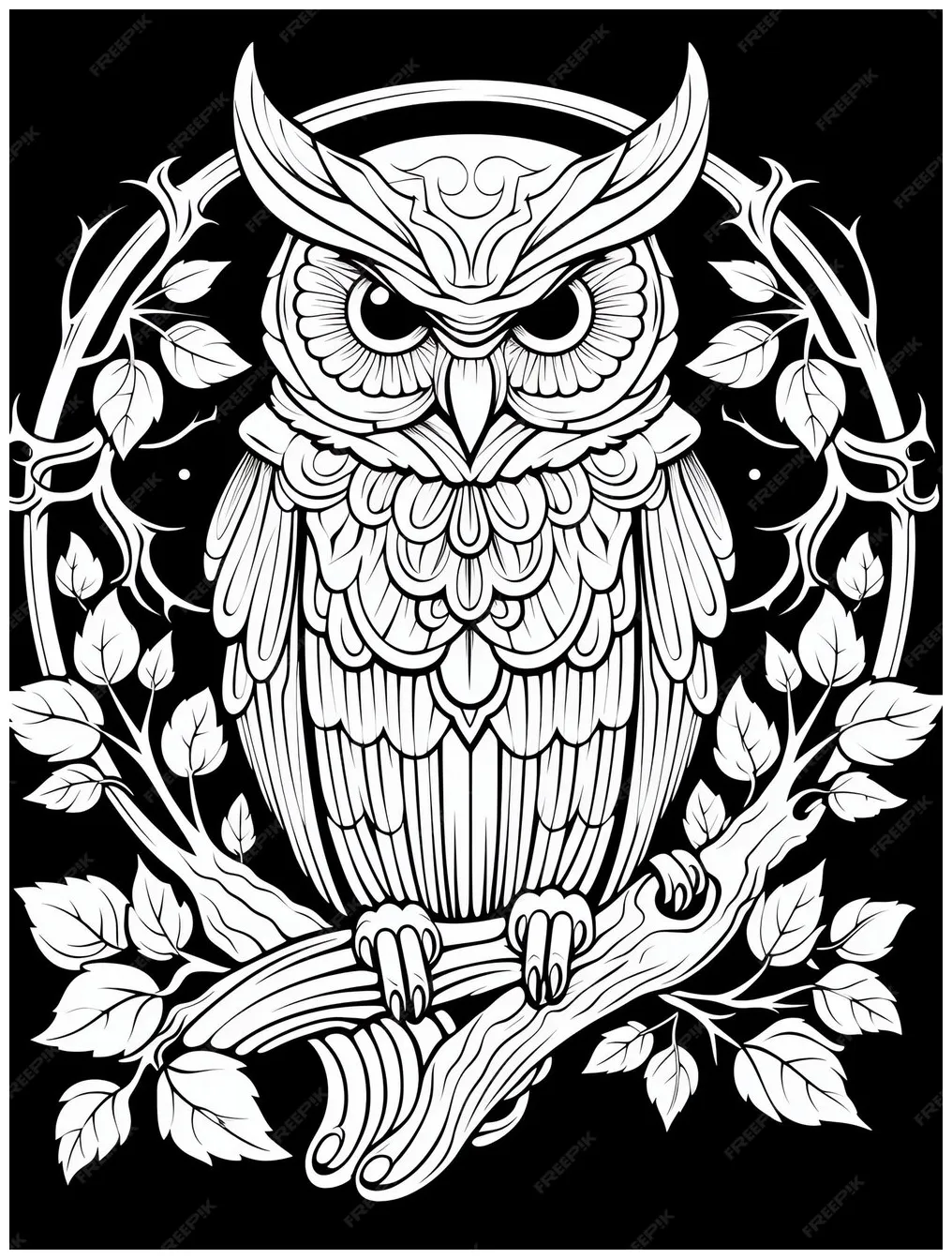 Moonlight owl magical fairytale coloring book page in black and white printable coloring page