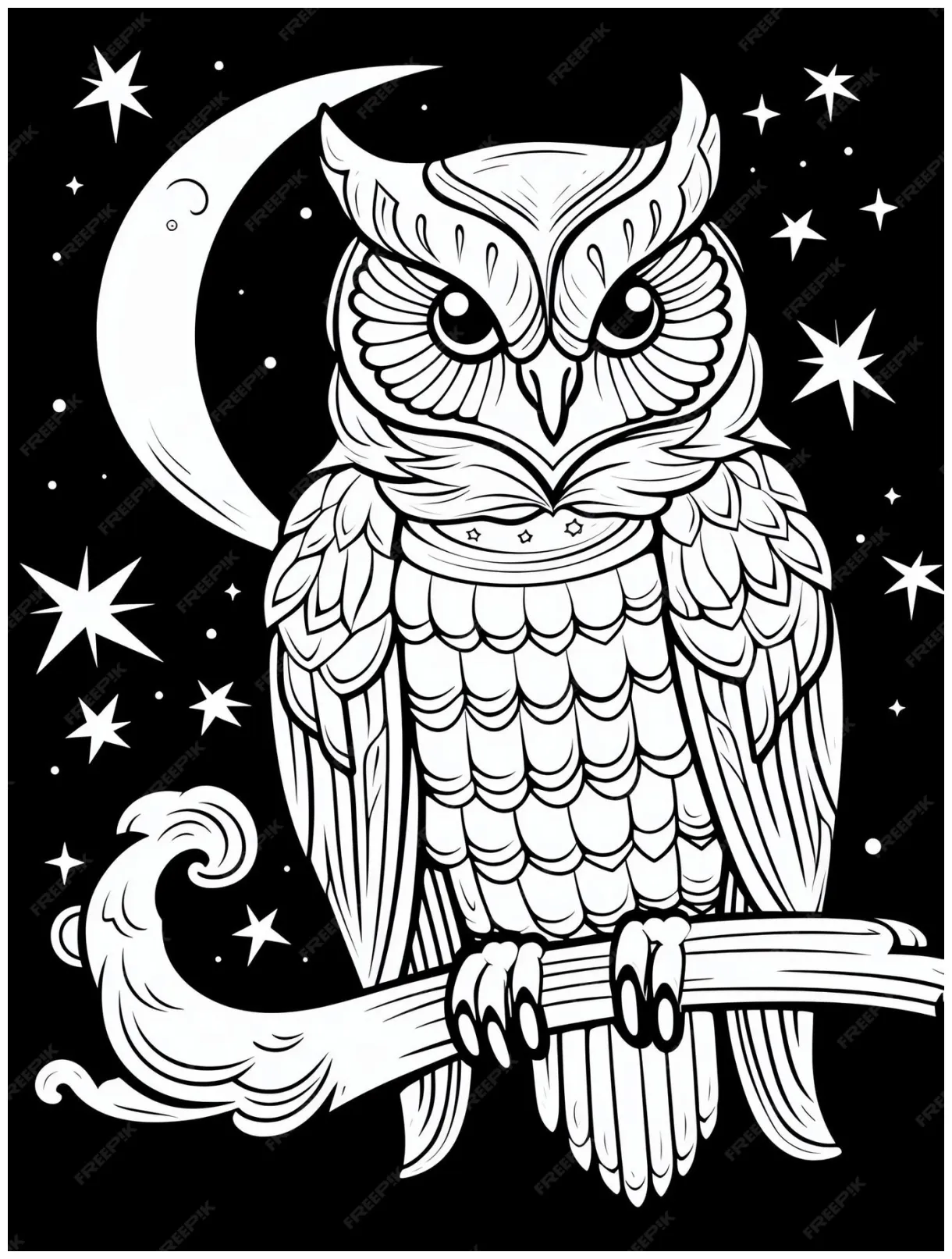 Moonlight owl magical fairytale coloring book page in black and white