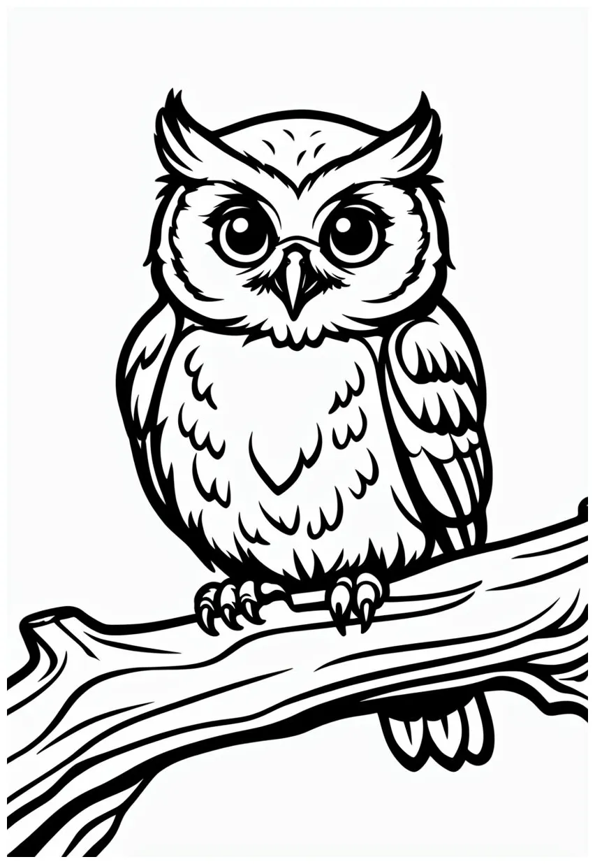 Sleepy owl on branch under moonlight coloring book page playground