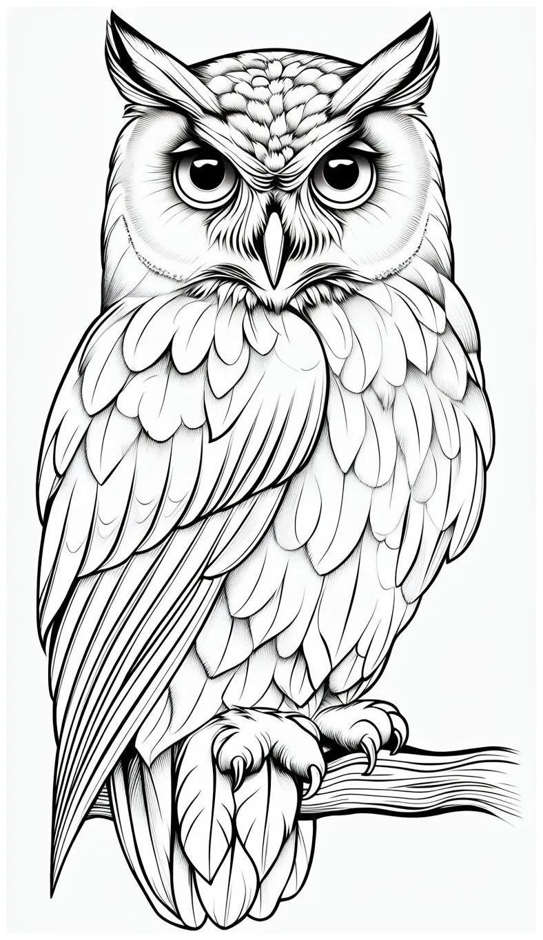 Sleepy owl on branch under moonlight coloring book page playground