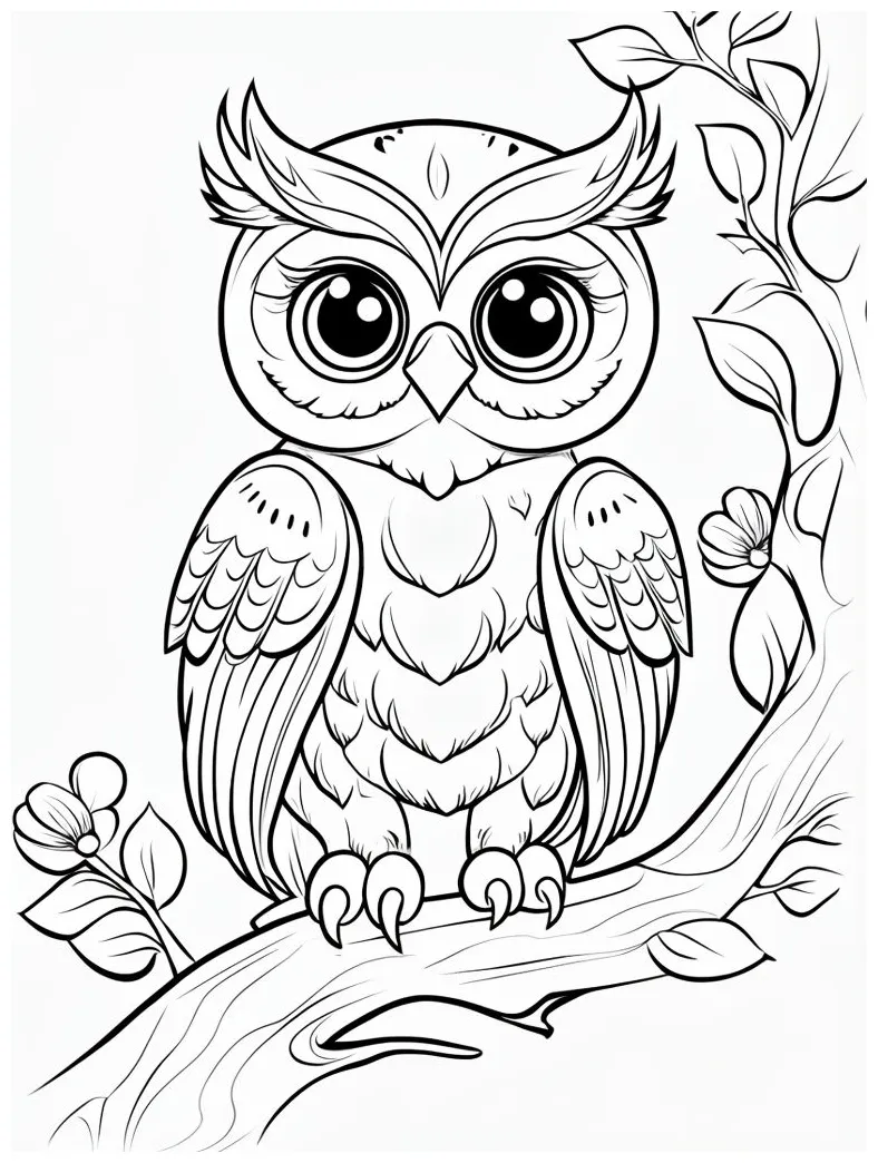 Sleepy owl on branch under moonlight coloring book page playground
