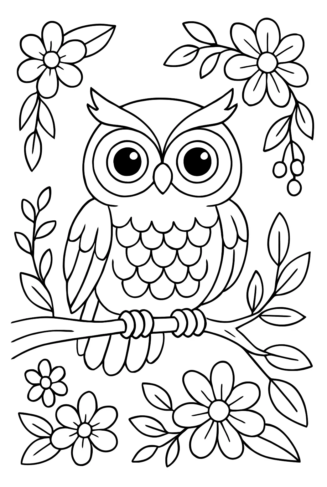 Sleepy owl on branch under moonlight coloring book page playground