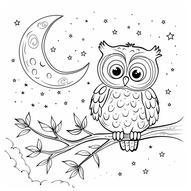 Owl sitting on a branch in the moonlight coloring book for children