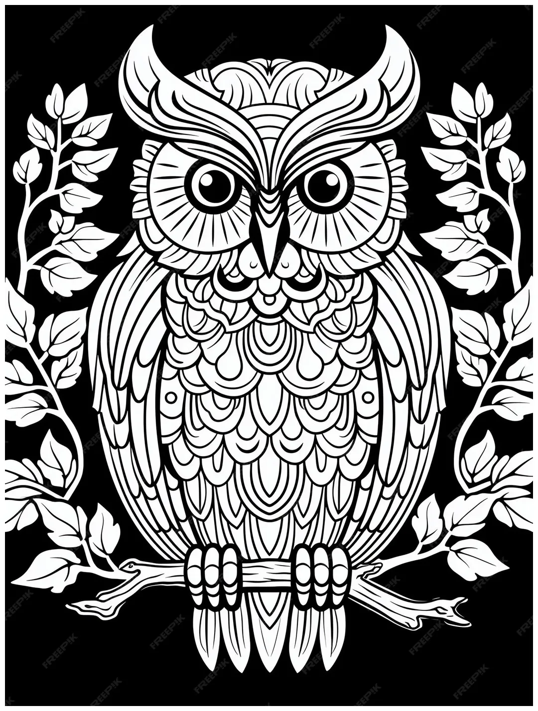 Premium moonlight owl magical fairytale coloring book page in