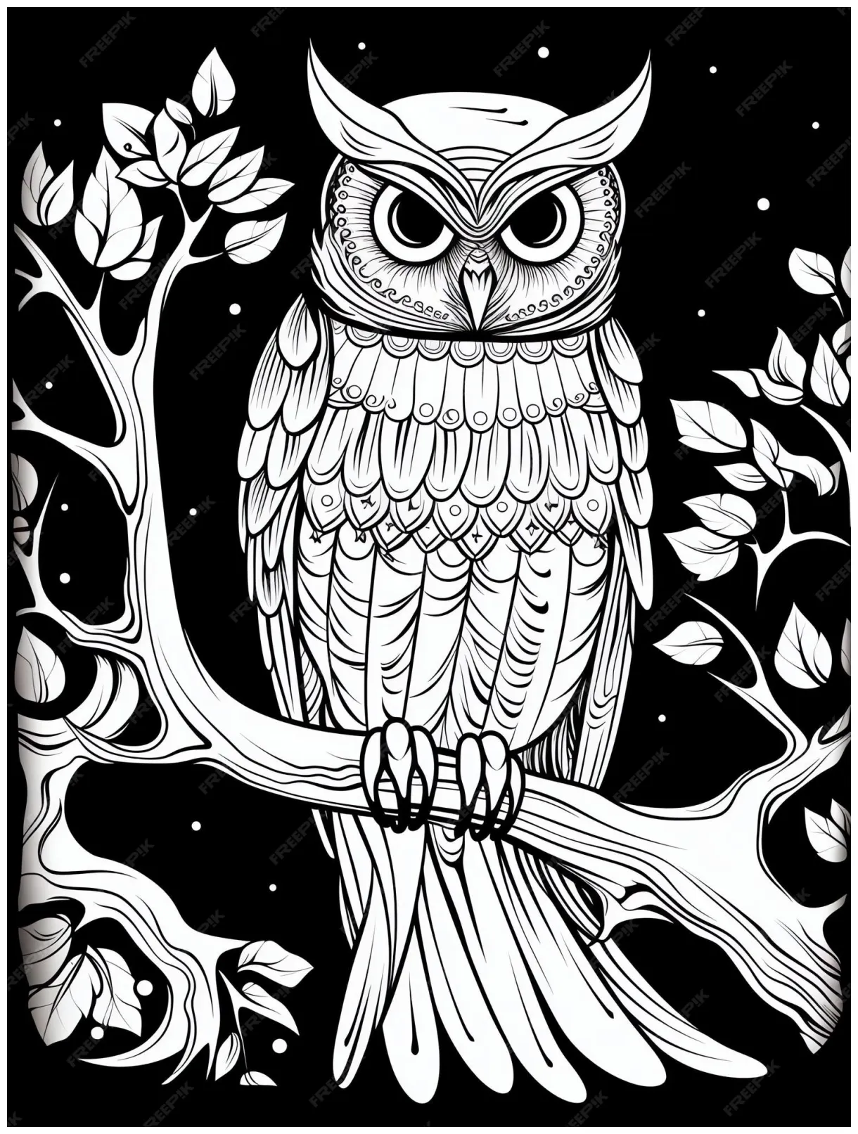 Moonlight owl magical fairytale coloring book page in black and white