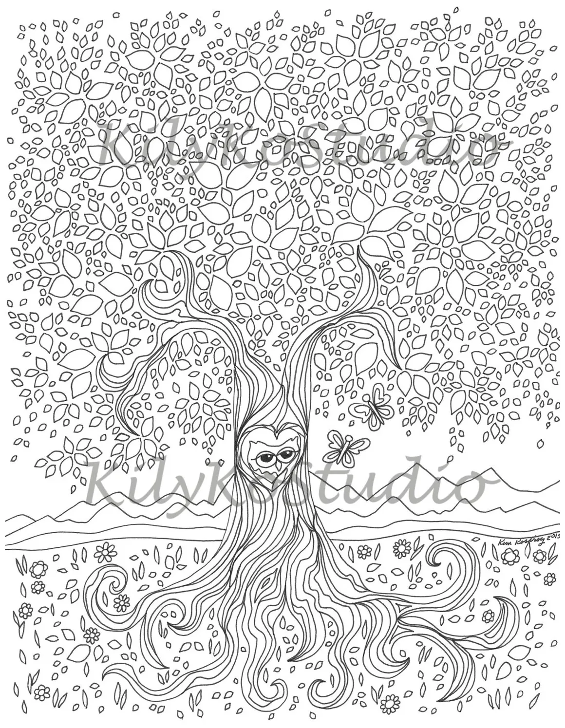Owl & tree coloring page digital download art etsy
