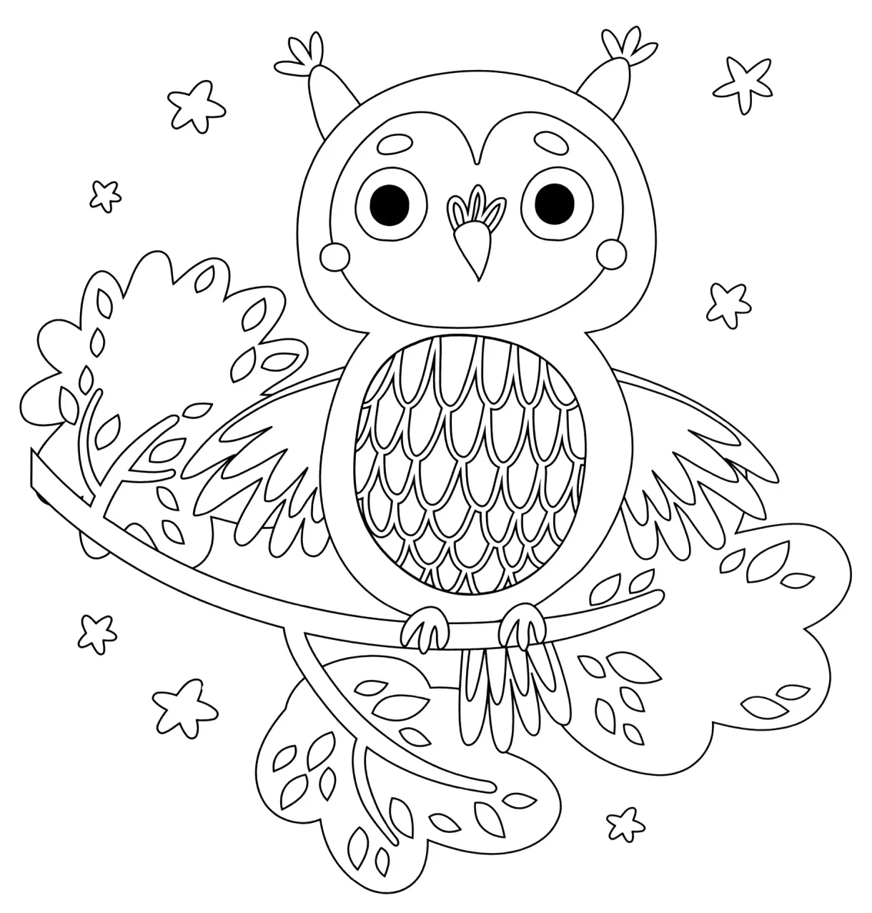 Owl in a tree coloring page free and printable
