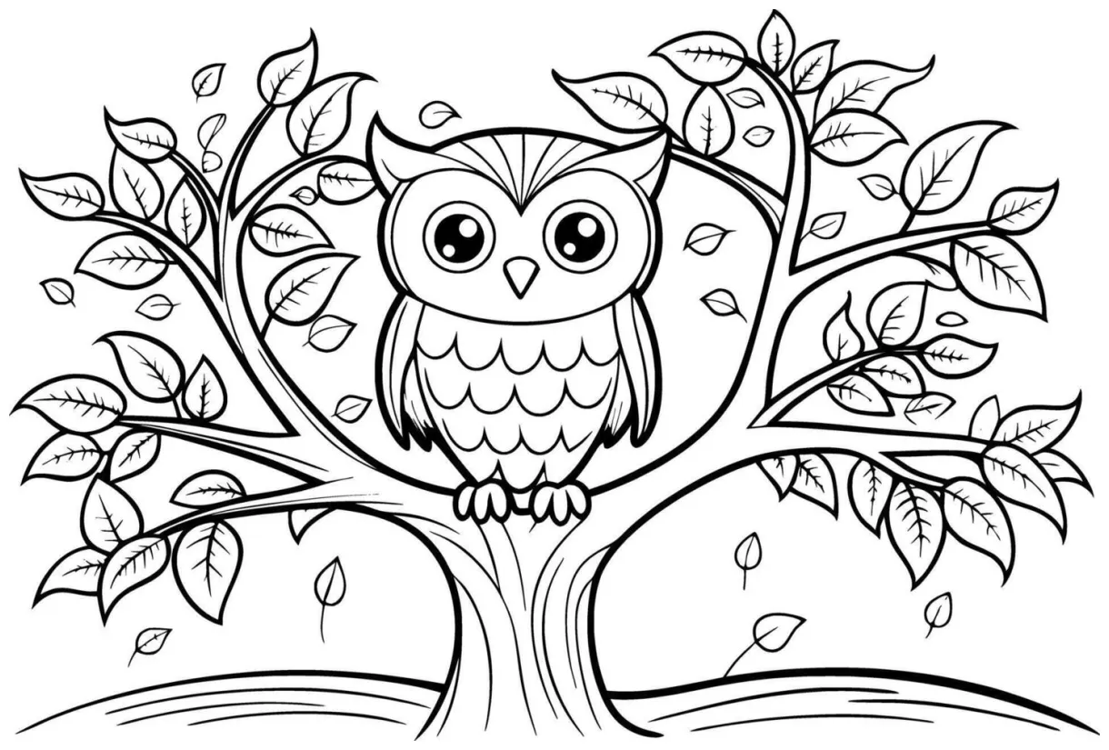 Owl in a tree coloring page for kids simple outline 46632042 vector