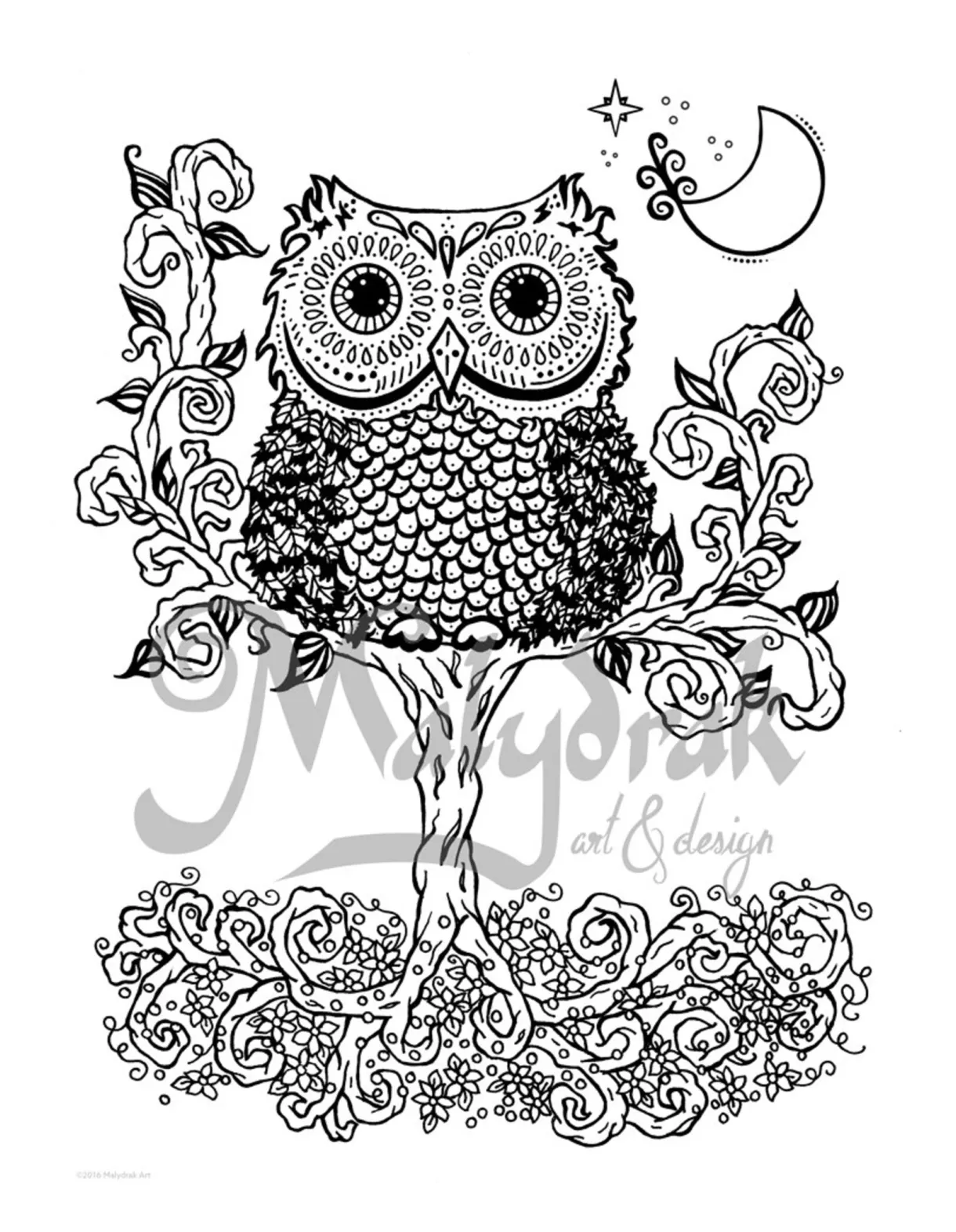 Owl in a Tree Printable Coloring Page / Digital Stamp | Etsy