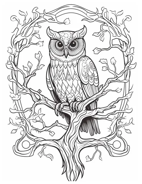 A coloring page with an owl sitting on a tree branch generative ai