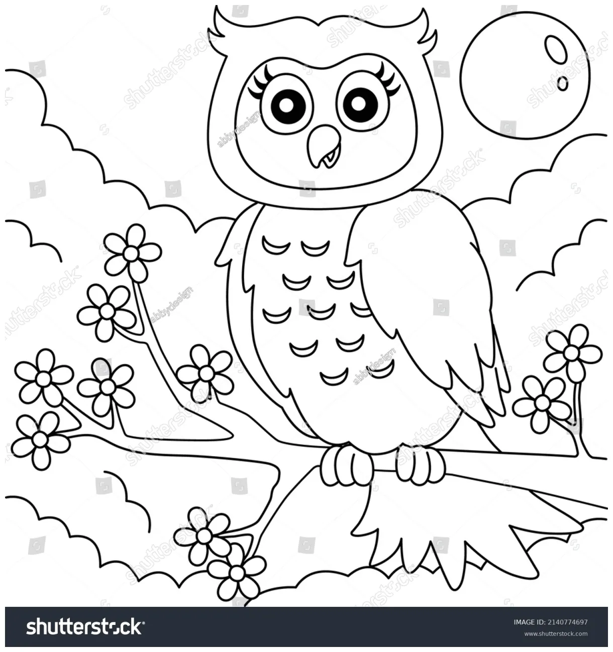Owl on tree branch coloring page stock vector 2140774697