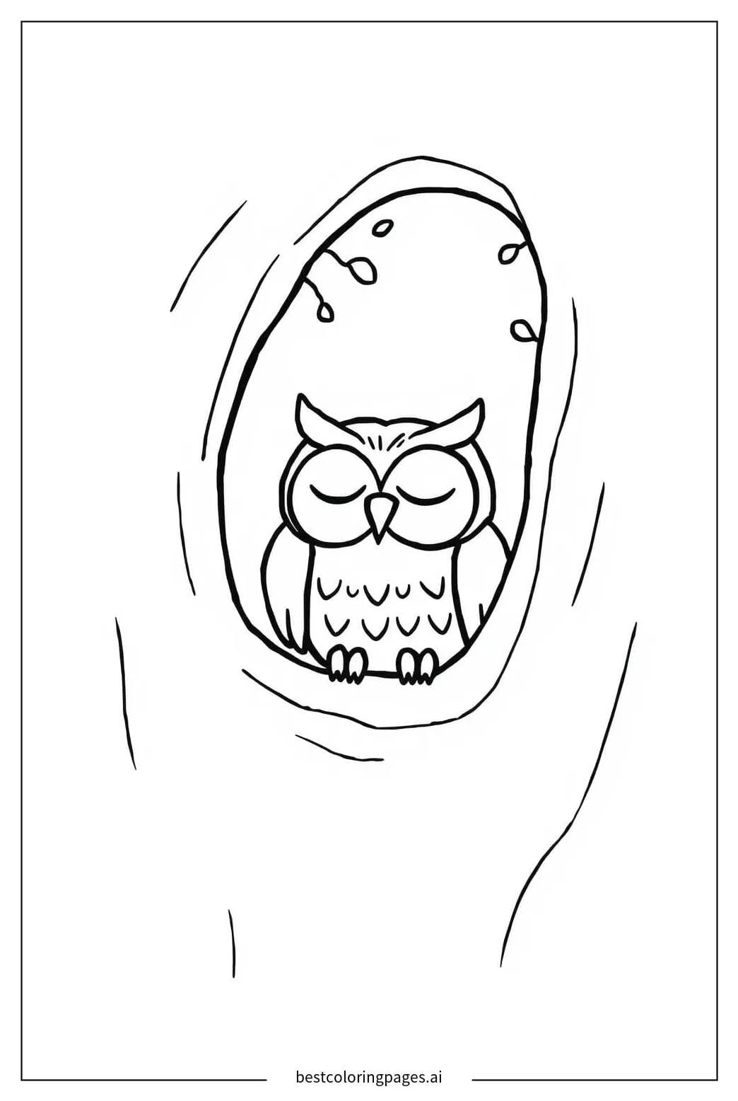 Owl Sleeping in a Tree Hollow Coloring Page - Free Printable