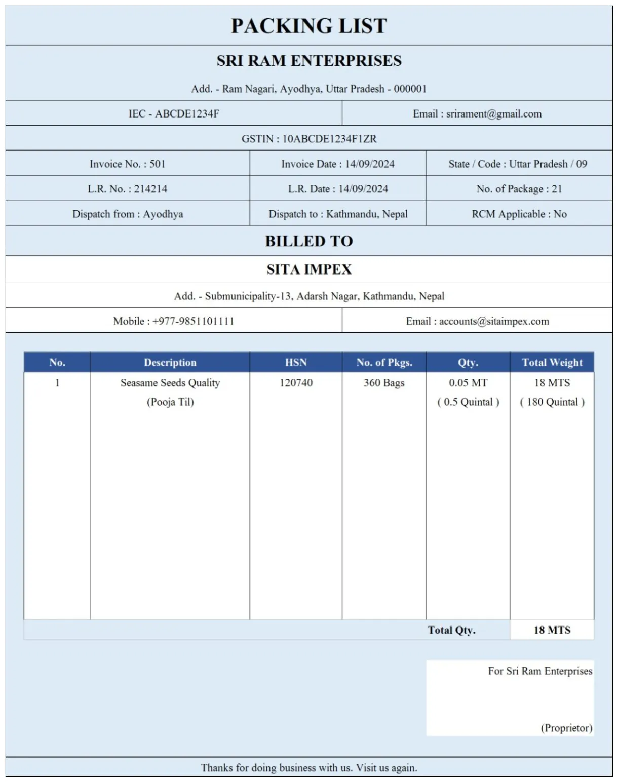PACKING LIST FORMAT – Tax Shastra