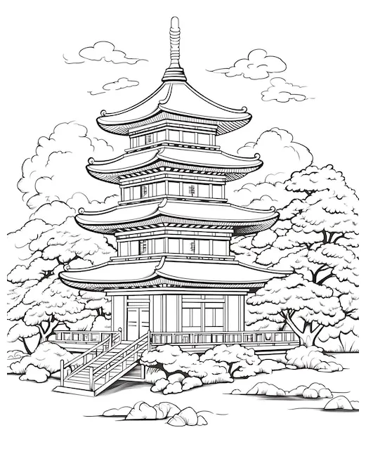 Premium coloring page for kids pagoda picture