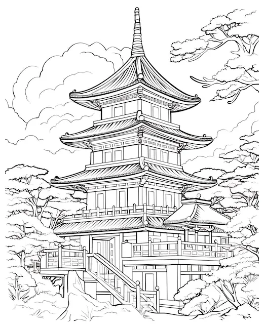 Premium kids coloring page picture of a pagoda