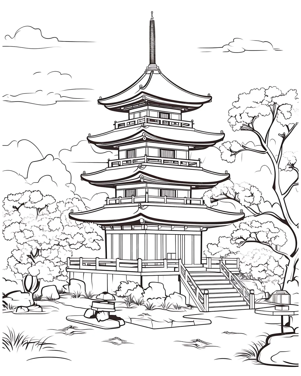 Premium japanese pagoda style coloring page