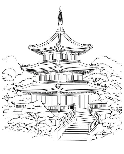 Premium japanese pagoda style coloring page