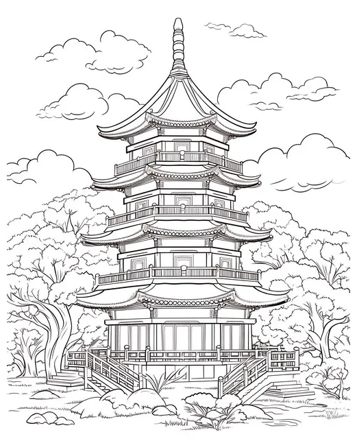 Kids coloring page picture of a pagoda premium ai-generated