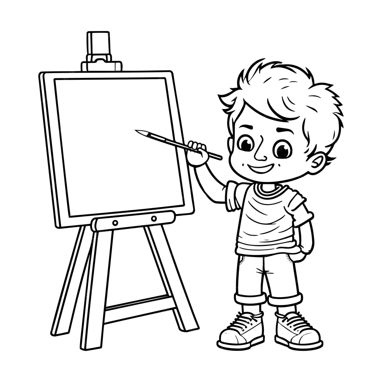 Premium vector artist boy painting a canvas on easel coloring page