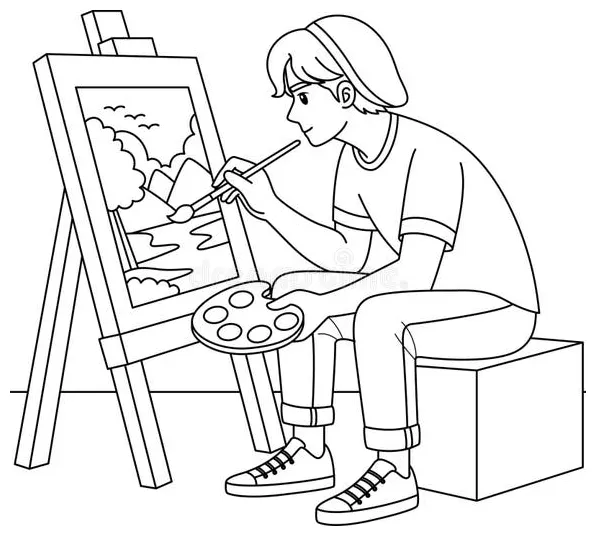 Artist painting on an easel outline coloring page. labor day hand drawn