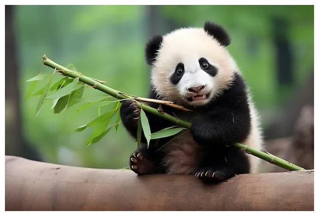 Premium a panda bear holding a bamboo branch with bamboo in its