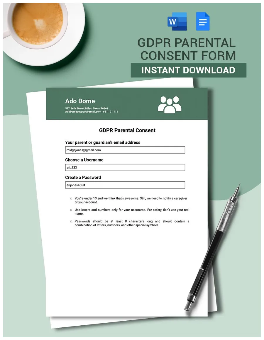 Gdpr in word, google docs download template