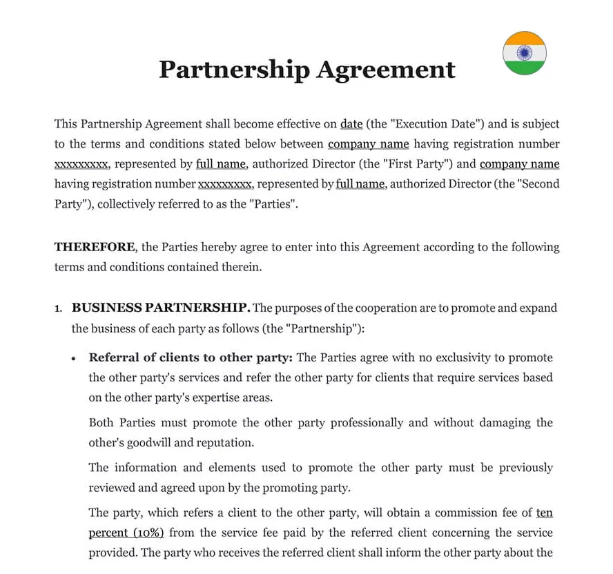 Partnership Agreement in India | Download Word Template (.doc)