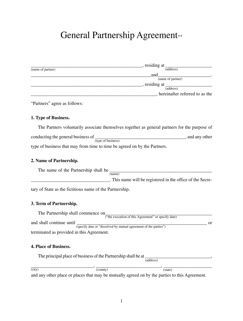 General partnership agreement Form - Fill Online, Printable, Fillable