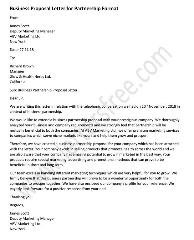 Business proposal letter for partnership sample business format