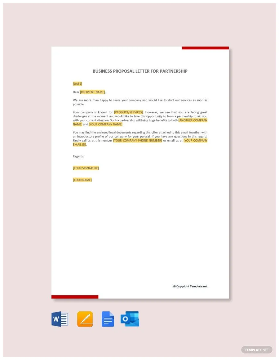 Business proposal letter for partnership template in google docs, word
