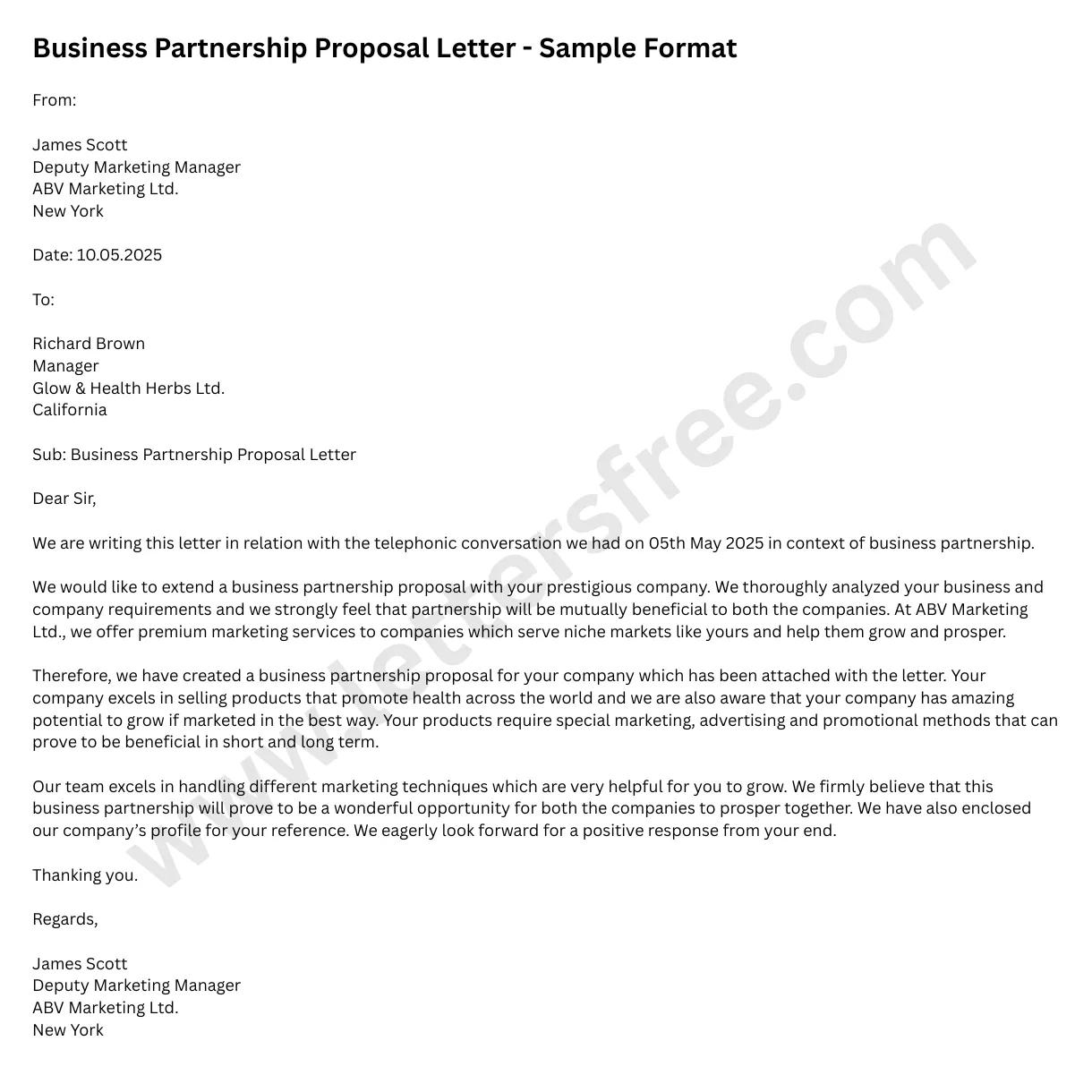 Business Proposal Letter for Partnership - Sample Business Format