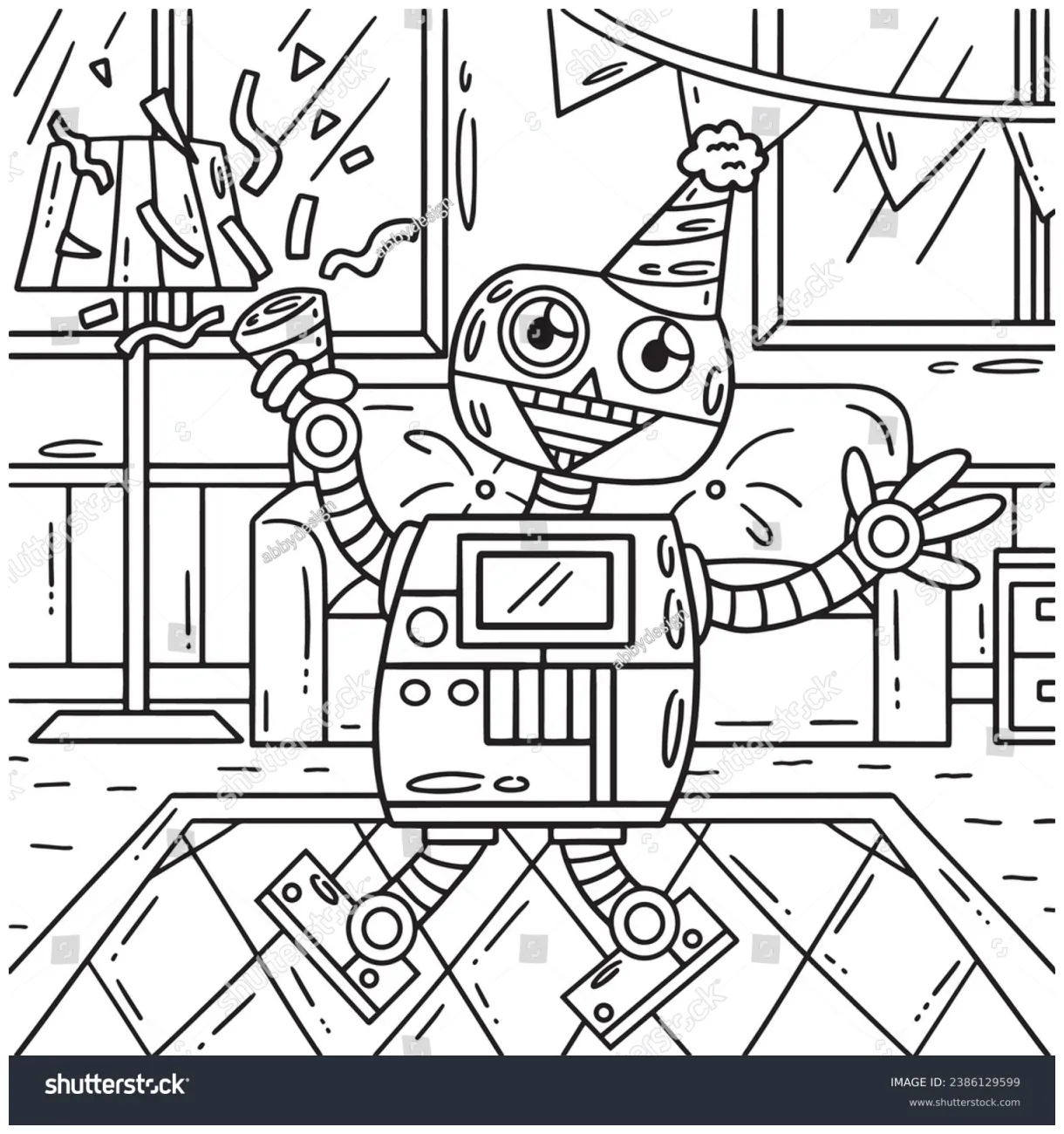 Robot party hat confetti coloring page stock vector