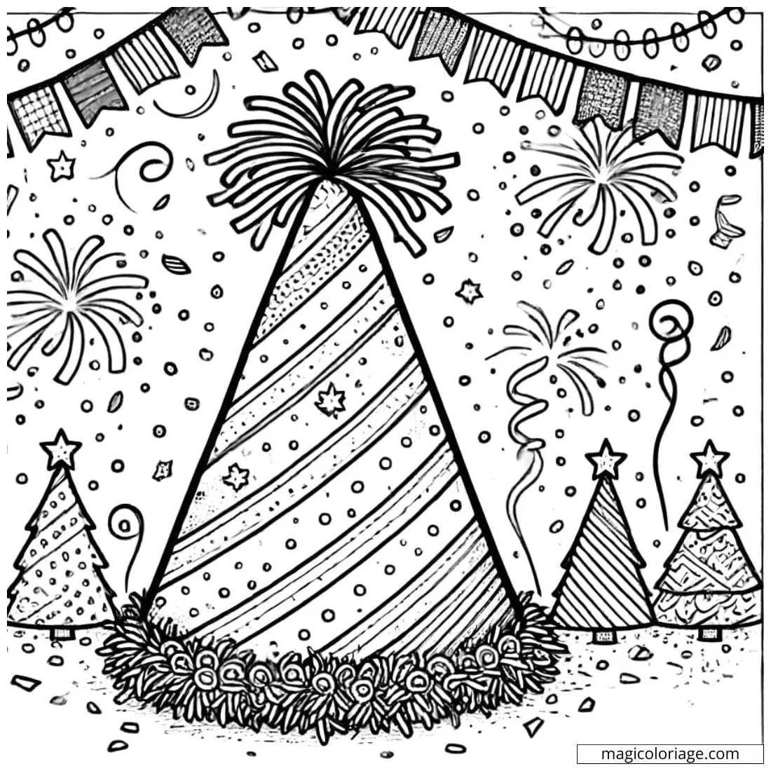 Birt ay coloring page with a party hat and confetti to print printable coloring page