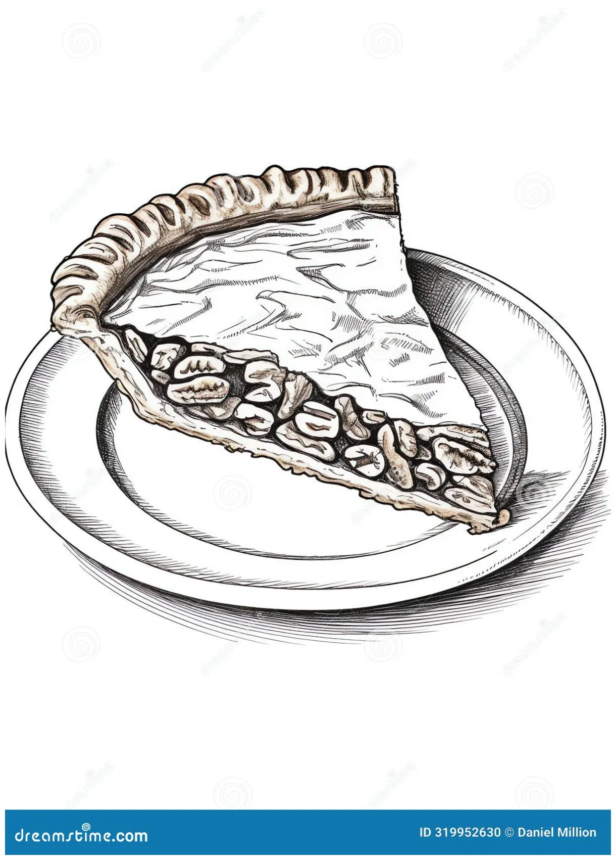 Pecan Pie Slice Tasty Dessert Coloring Book Page in Black and White for