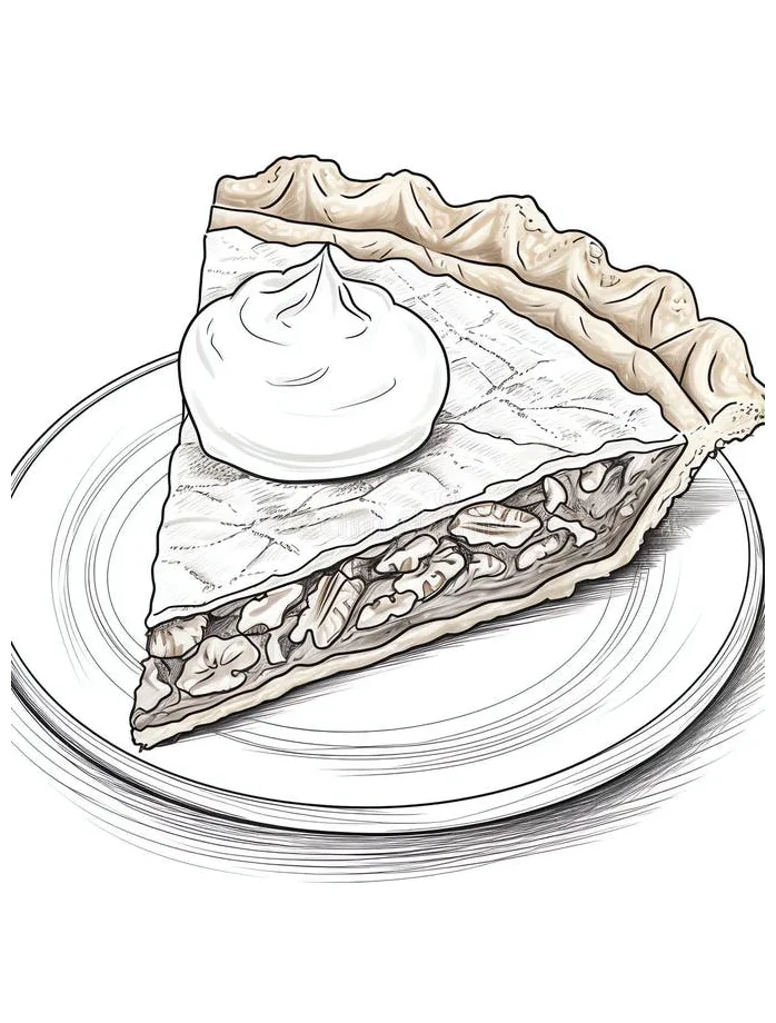 Pecan pie slice tasty dessert coloring book page in black and white for