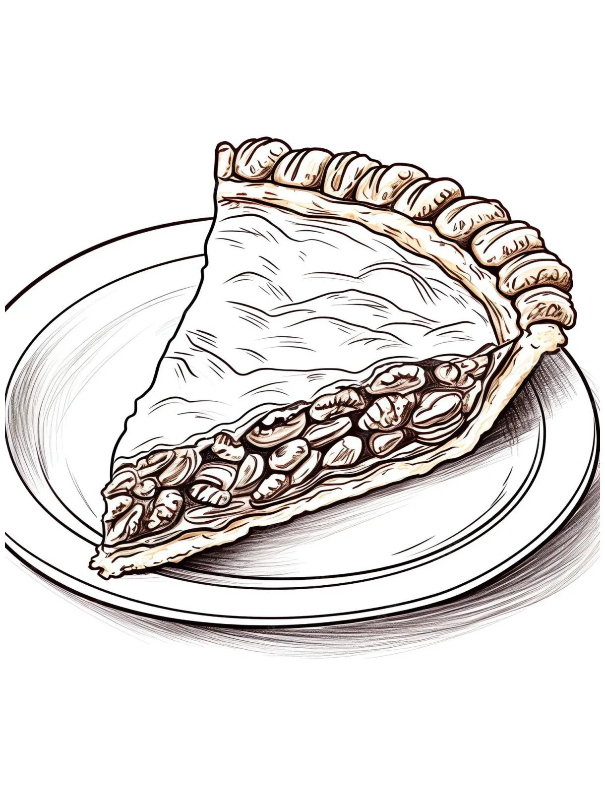 Pecan pie slice tasty dessert coloring book page in black and white for