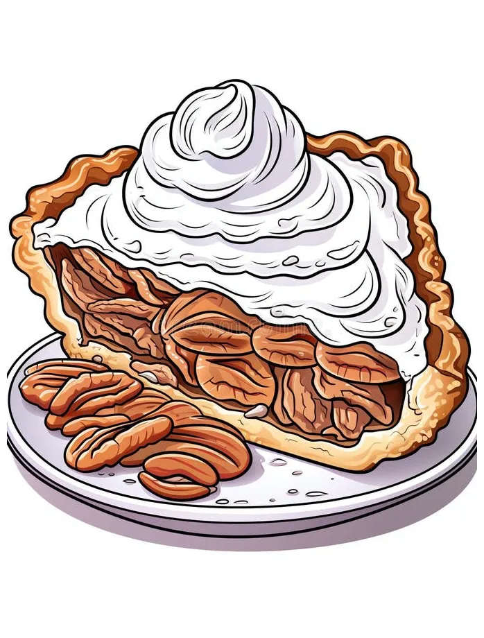 Pecan pie slice tasty dessert coloring book page in black and white for