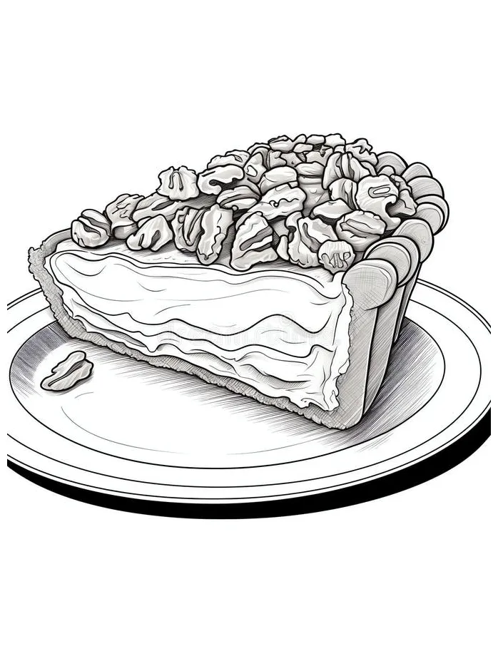 Pecan pie slice tasty dessert coloring book page in black and white for
