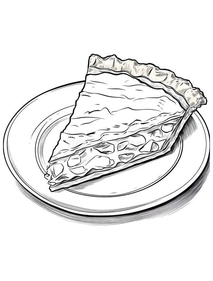 Pecan pie slice tasty dessert coloring book page in black and white for