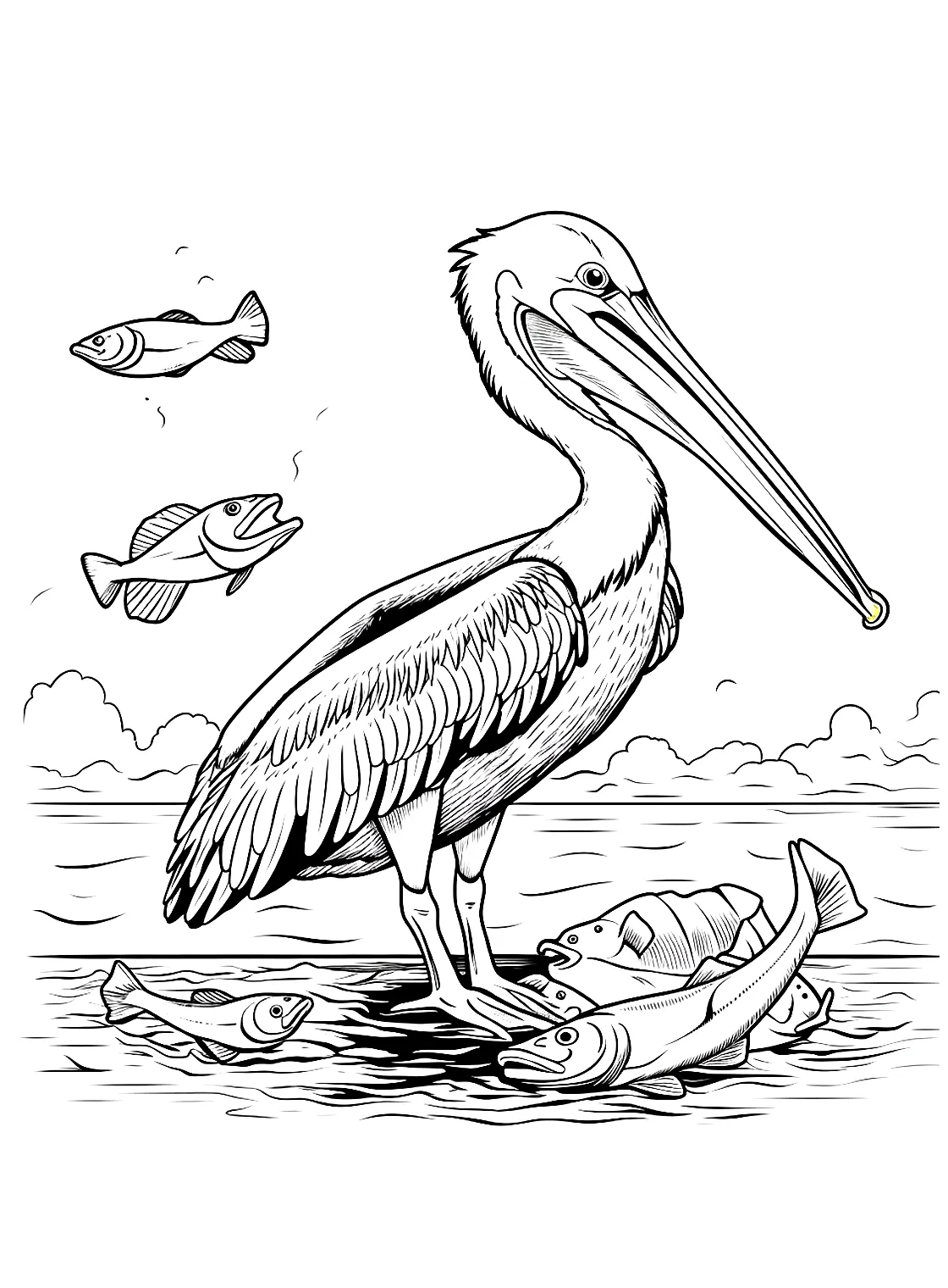 Pelican and fishes Coloring Page - Free Printable Coloring Pages