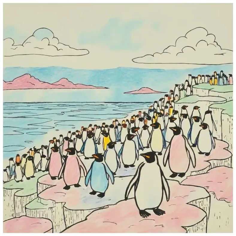 Penguin colony on icy rocks coloring page free printables tiny sketcher printable coloring page