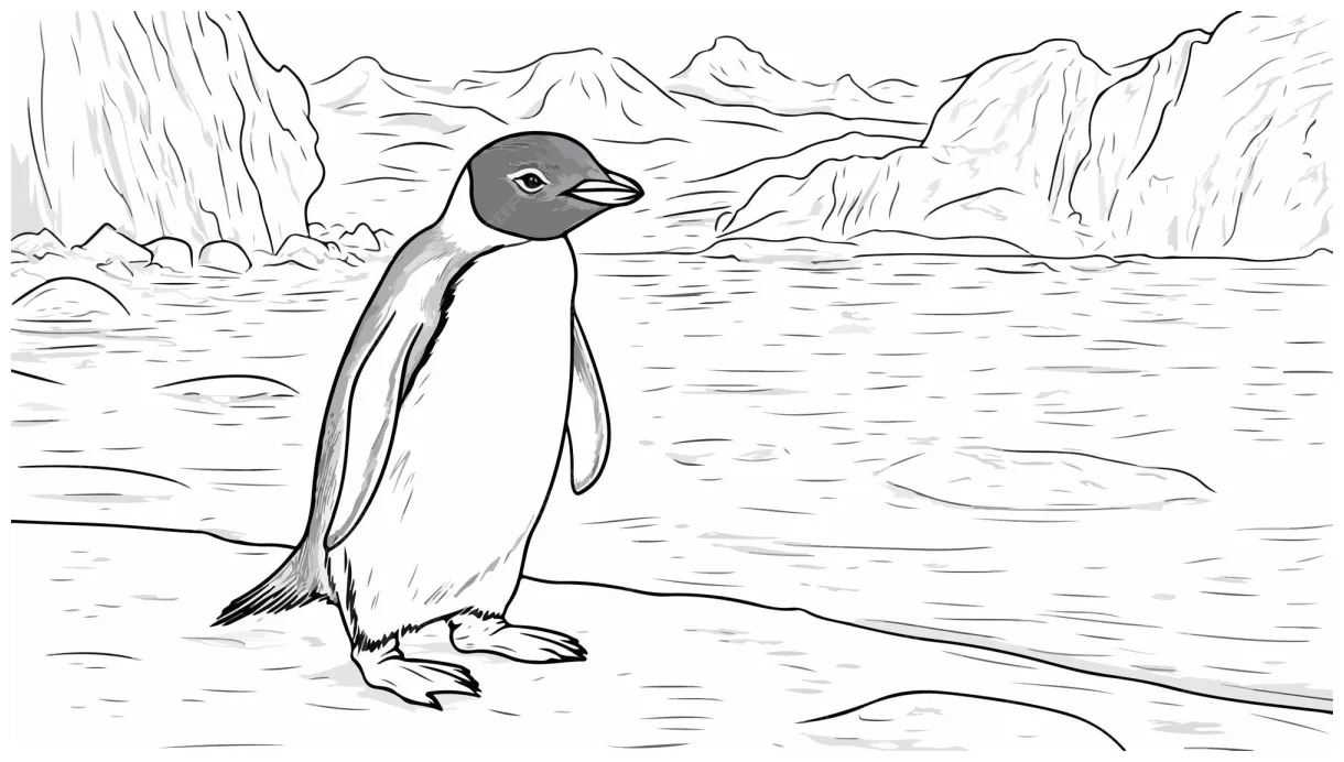 Adorable penguin waddling on icy shore coloring page premium ai
