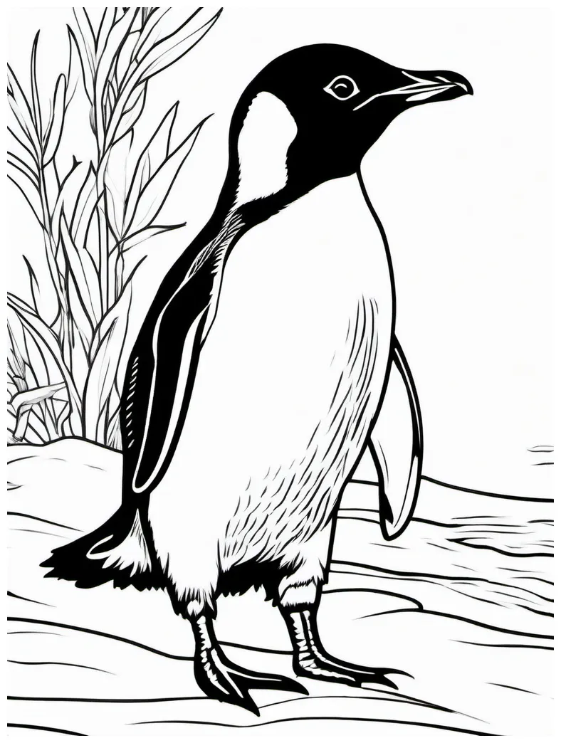Penguin coloring page cute bird waddling black outline