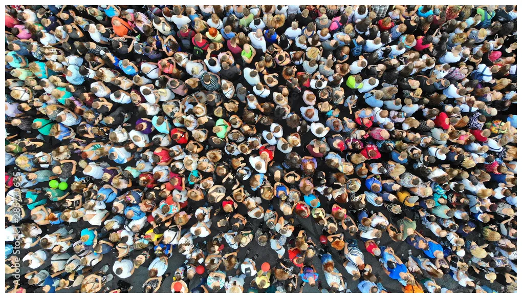 Aerial. people crowd . mass gathering of many people in one