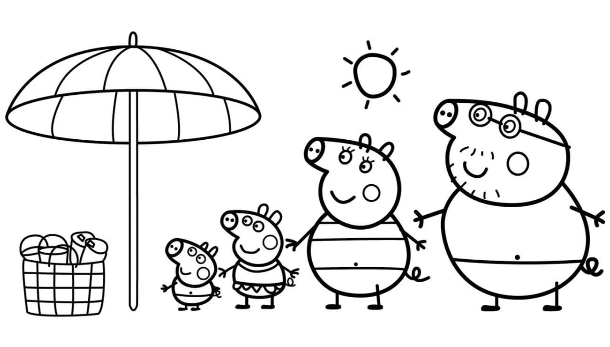 Peppa Pig Family on the Beach Coloring Page - Free Printable Coloring