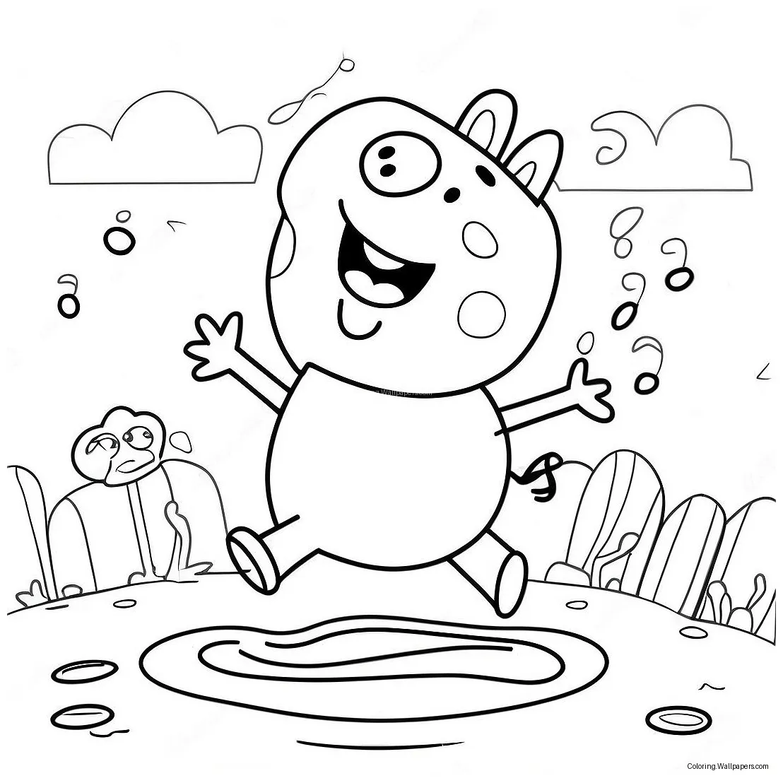 Peppa pig jumping in muddy puddles coloring page 47544-37596