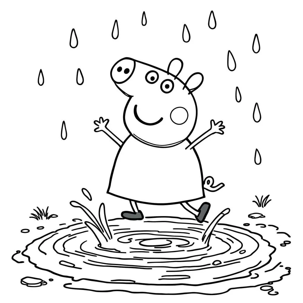 Peppa pig jumping in muddy puddles line art coloring page fun for kids