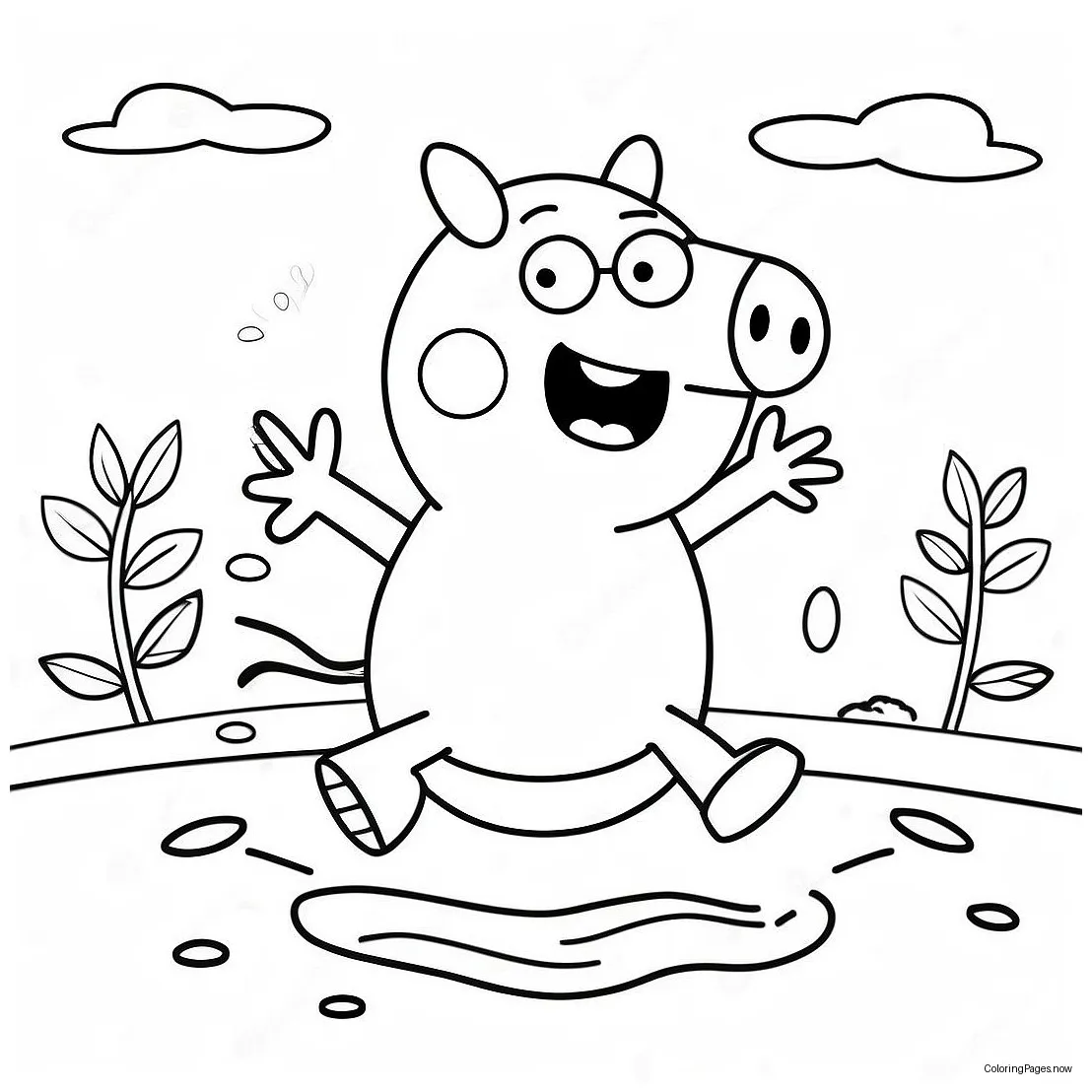 Peppa pig jumping in muddy puddles coloring page 47534-37952